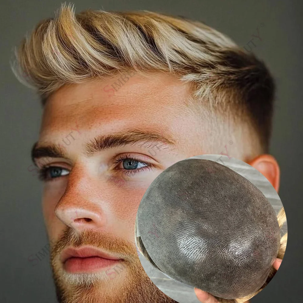 

Super Natural Hairline 0.06-0.08mm Undetectable Vloop PU Men Toupee Wigs Brown Roots 100% Human Hair Pieces Ombre Blonde Prost