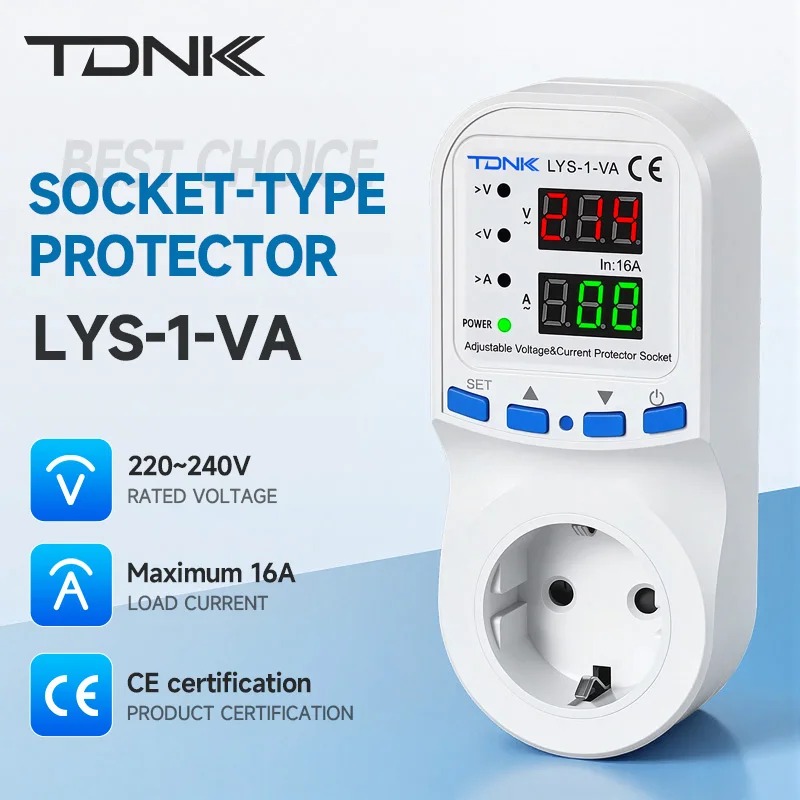TDNK 16A EU Digital Voltage Protector Socket Adjustable Overvoltage Undervoltage Auto Recovery Surge Protector for Household Us