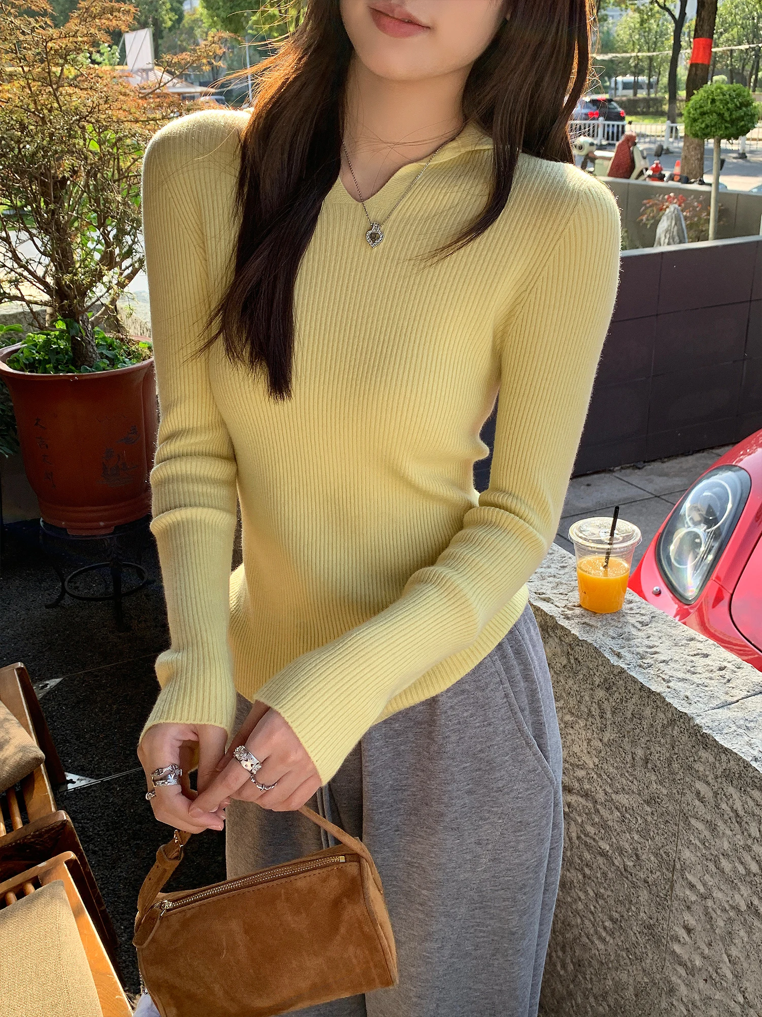 

Sl One-Piece Wool V-Ne Knitwear Women's Slim Fit Inner irt Small Collar Base Sweater Top Relaxing Sle Long Sve