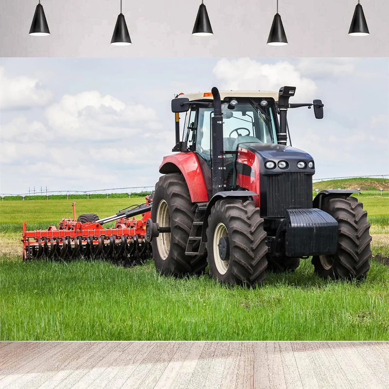 Rural Farm Red Tractor Photography Backdrop Countryside Landscape Green Grass Meadow Agriculture Machine Background Wall Banner