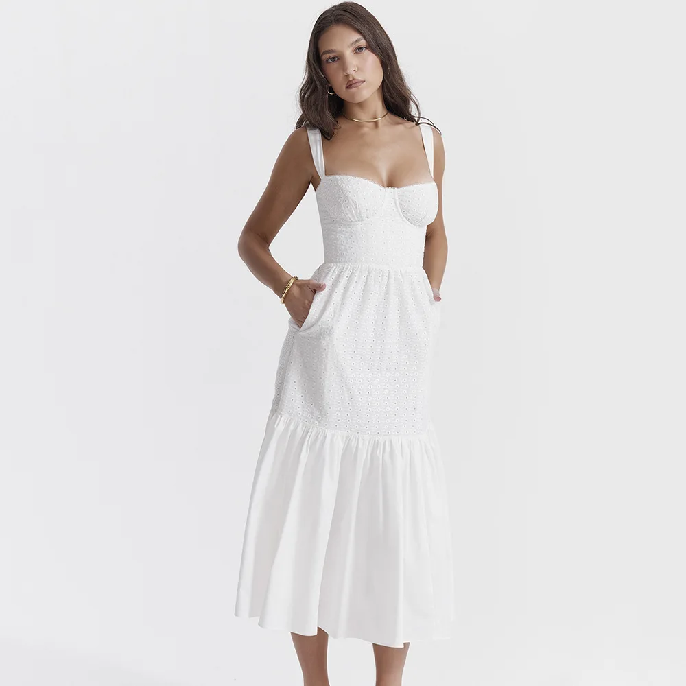 Midikleid Aus Leinen Mit Strumpfhaltern Chic Bustier Broderie Anglaise Ruffle Beach Vacation Midi Sundress Sommerkleid In White