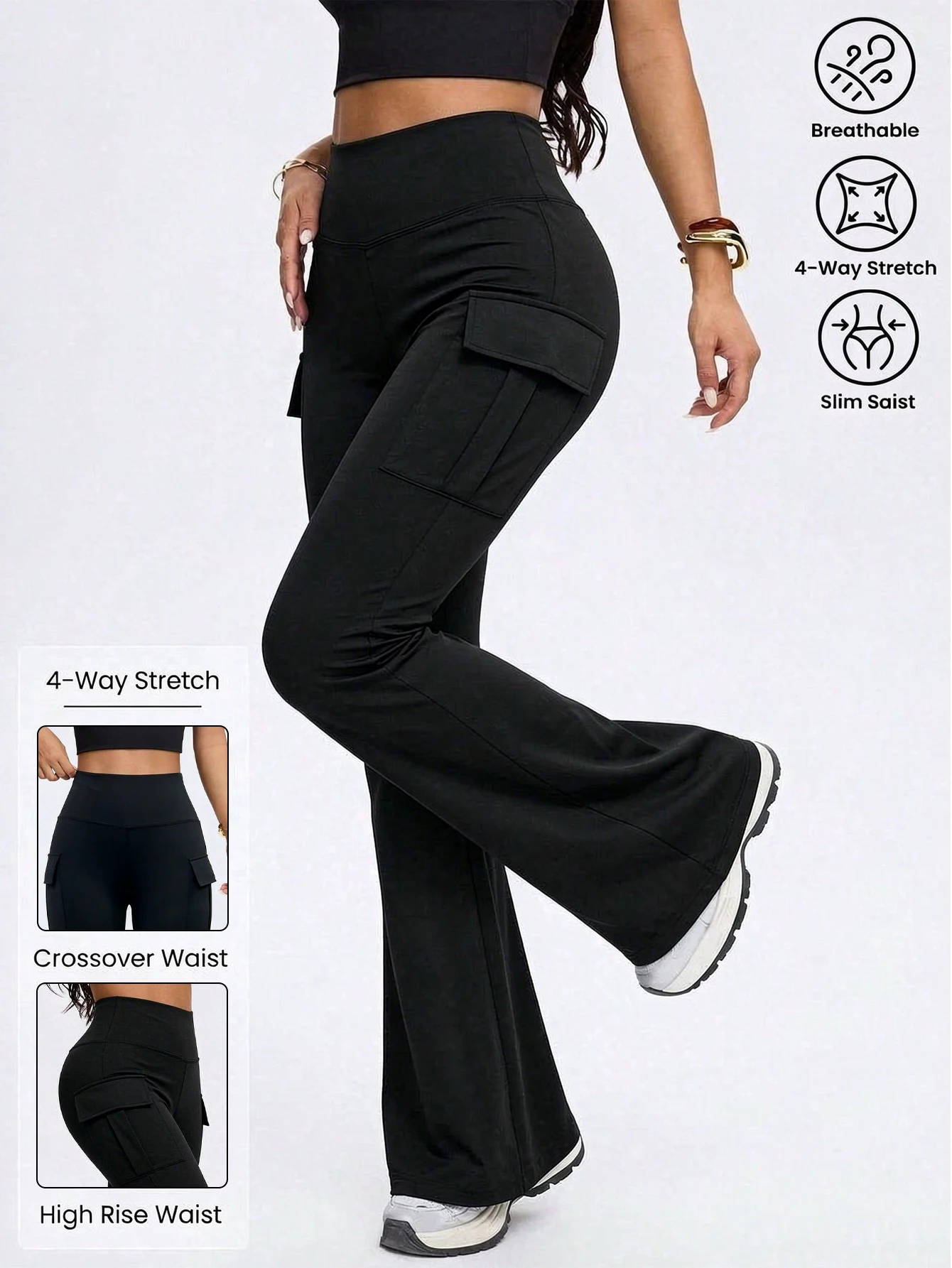 Women High Waist Cargo Flare Pants With Pockets Slim Fit Stretch Leggings Spring Summer Gym Workout Fitness Sports Casual Daily