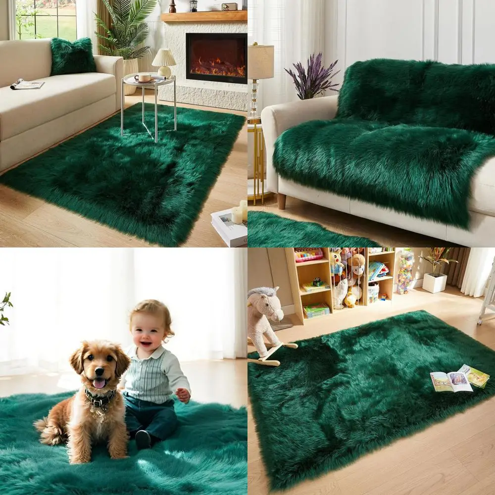 

Luxury Dark Green 4x6ft Faux Fur Sheepskin Rug for Living Room, Bedroom, Playroom & Decor