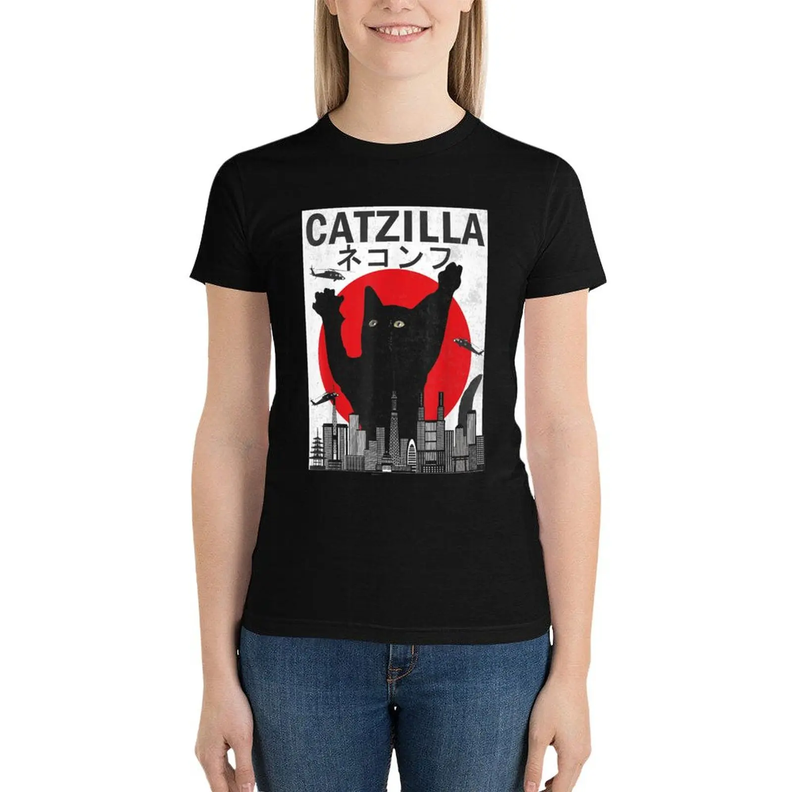 

Vintage Catzilla Japanese Sunset Style Cat Kitten Lover T-Shirt Blouse lady clothes Women's clothing