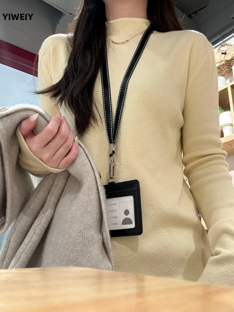 

Soft Comfortable Milk Yellow Knitted Long Sve Base Layer irt f High Collar Warm Elastic Breathable Women's Winter Swe...