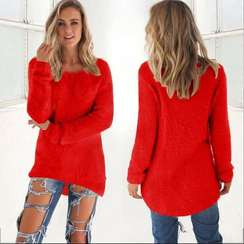 Suéter largo de punto de algodón suelto para mujer, suéter cálido de Color sólido con cuello redondo, blusa informal de gran tamaño, ropa Hipster para mujer