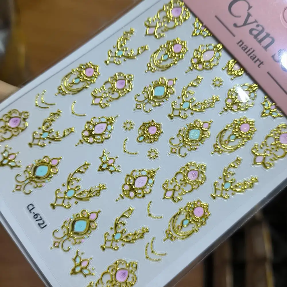 1Pcs 5D Gold Baroque Scepter Nail Stickers Pink Green Luxury Gemstone Nail Decals Self-Adhesive Retro Nail Art Decoration Slider
