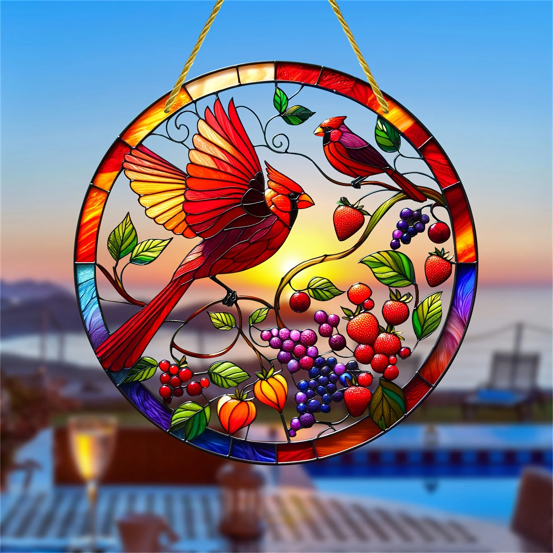 

Bohemian Acrylic Cardinal Catcher Pendant, Round Hanging Window Decor, Birds and Berries Theme, Home Decor, Perfect for Women