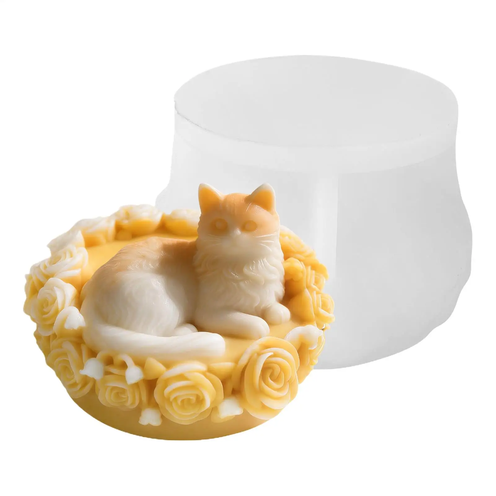 

3D Rose Bed Cat Silicone Candle Mold Cat On Rose Bed Chocolate Molds DIY Animal Sculpture Aromatherapy Candle Making Molds