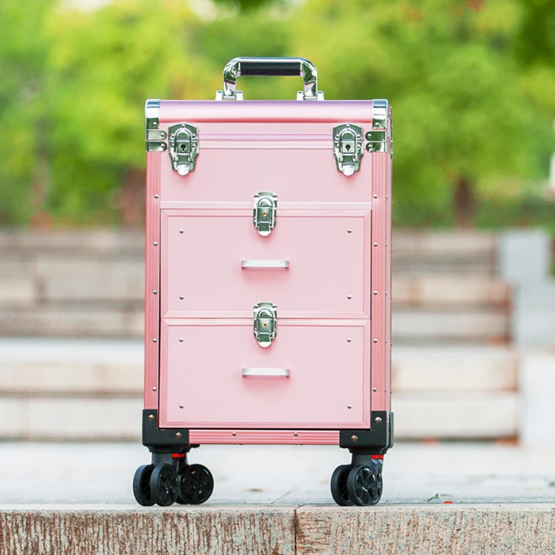 Mode Roze Trolley Cosmetische Rolling Bagage Vrouwen Mannen Luxe Zwarte Nagels Make Toolbox Beauty Tattoo Trolley Koffer