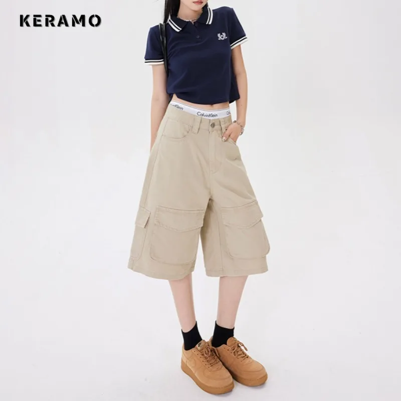 American Vintage Cargo High Waist Jeans Women's Casual 2000s Mid Long Shorts Baggy Wide Leg High Street Retro Denim Shorts