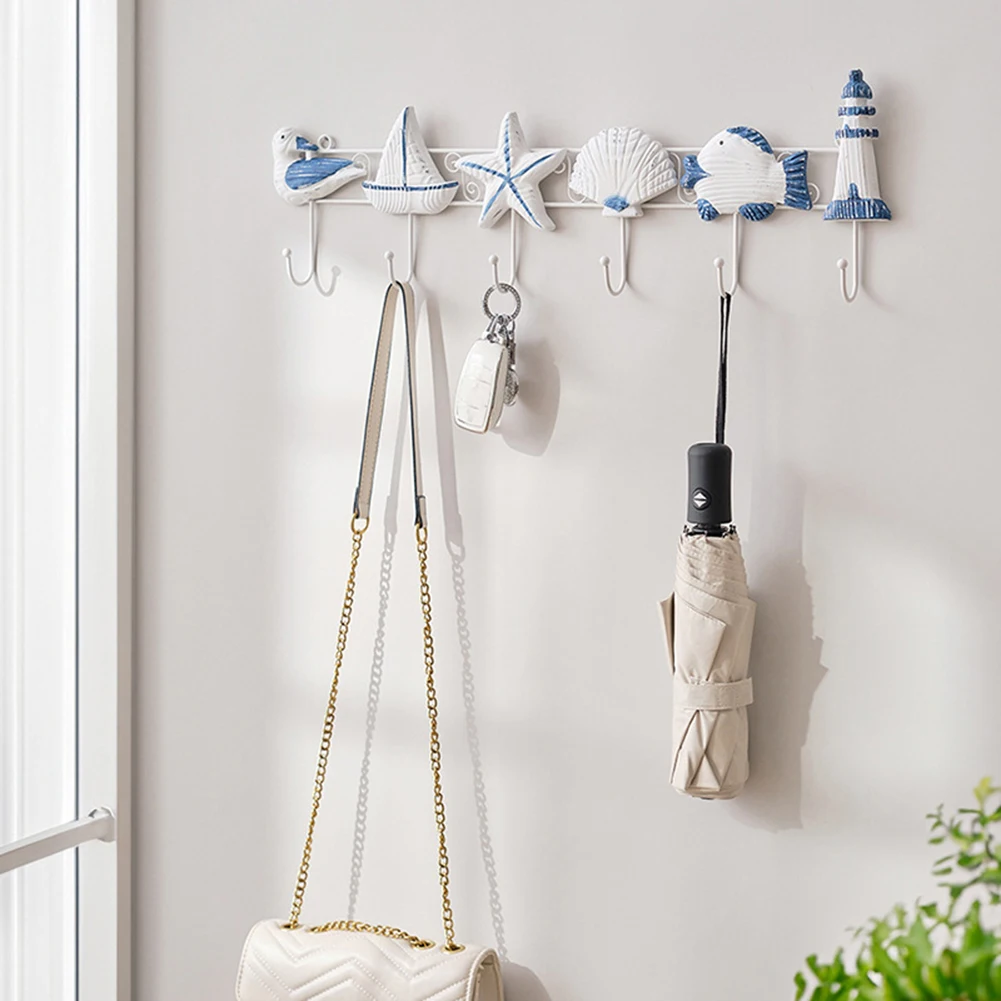 Beach Themed Wall Hooks Resin Fish Sea-Star Shell Sailboat Coat Hanger For Towel Hat Bag Decorative Bathroom Bedroom 22.24Inch
