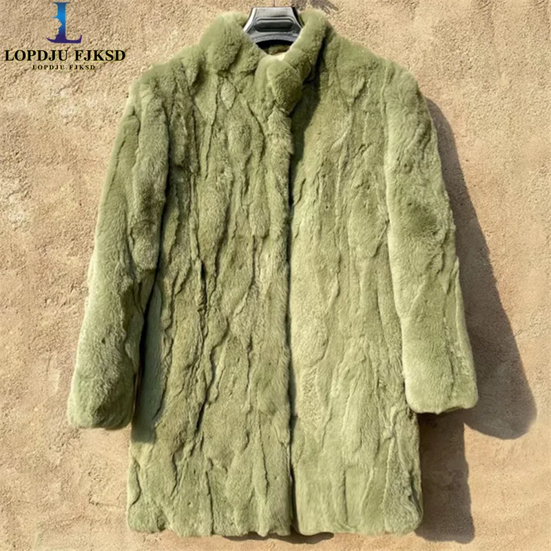 Women's Real Rex Rabbit Fur Coat Short Jacket with Covered Buttons Thick Warm Stand Collar Autumn Winter Outerwear