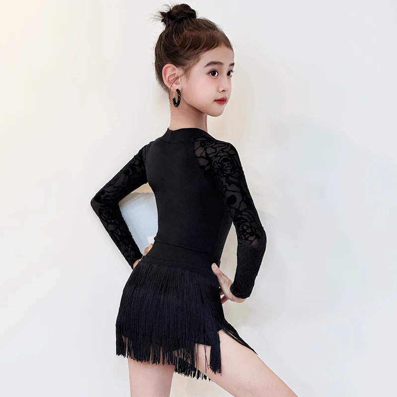 Vêtements latins pour filles, tenue de spectacle de danse noire, body à manches longues, jupe d'entraînement à franges, vêtements de danse Samba, nouvelle collection 2025 2162