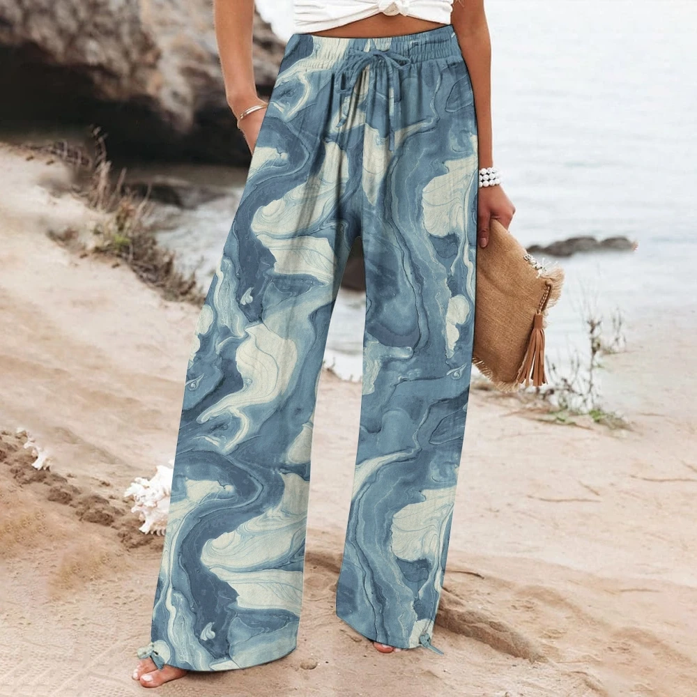 

Blue&White Print Drawstring Pants Marble Wave Prints Womens Beach Trousers Versatile Vacation Wide-Leg Pants Leisure Outfit