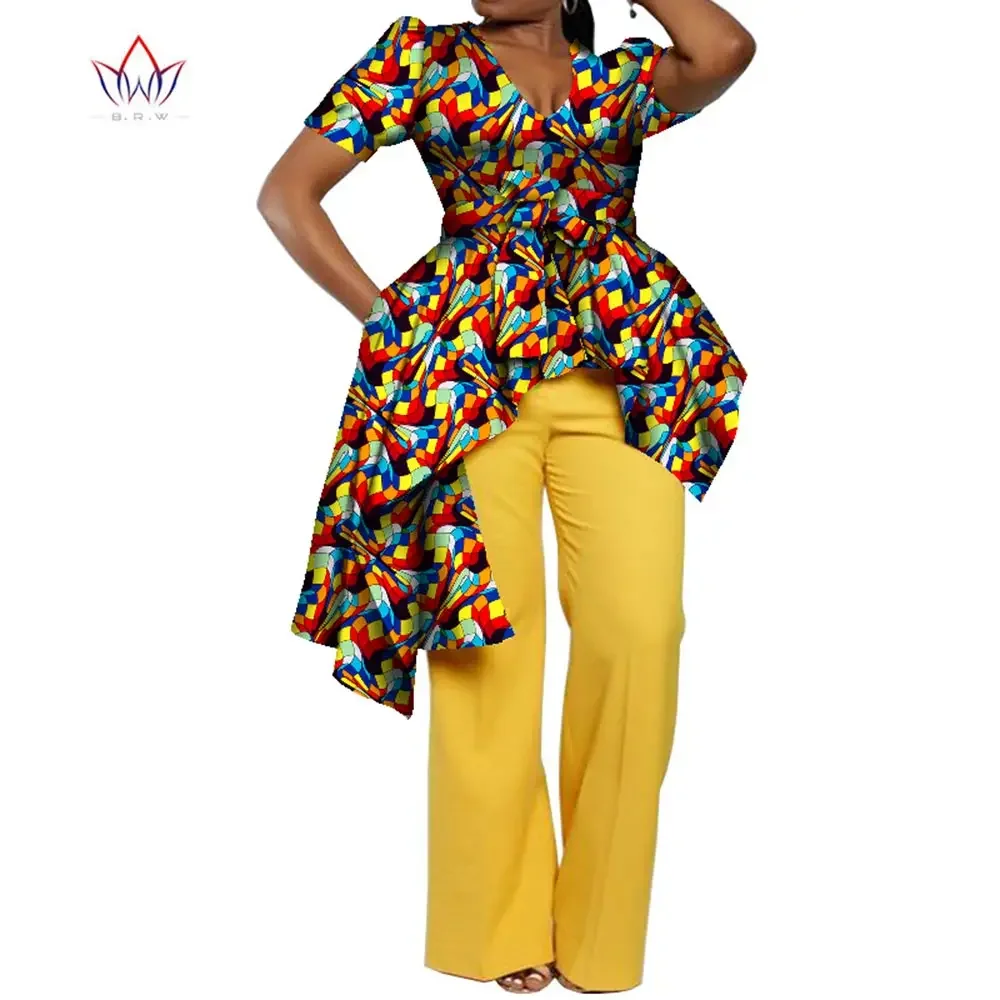 Bintarealwax Ankara African Shirt for Women Dashiki V-neck Short Sleeve Pleated Ruffles Blouse Clothing Plus Size WY8355