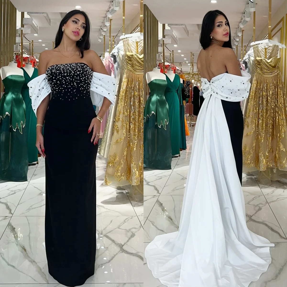 

Customized Modern Style Exquisite Pleat Beading Sequined Straight Off-the-shoulder Long Dresses Bespoke Occasion Dresses Pastrol