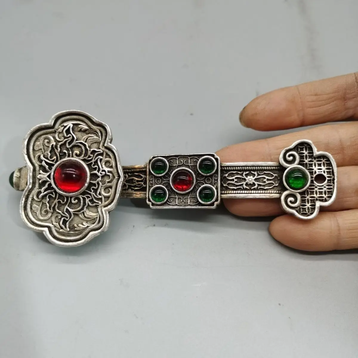 Antique old objects collection Qianlong year ruby ruby Ruyi rich auspicious white copper Ruyi ornament