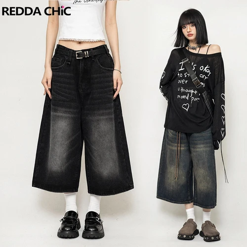 Imagen 1 del producto REDDACHiC estilo novio mujeres bigotes pantalones cortos de mezclilla tamaño grande Vintage Casual pantalones anchos pantalones vaqueros holgados Jorts Grunge Y2k ropa de calle