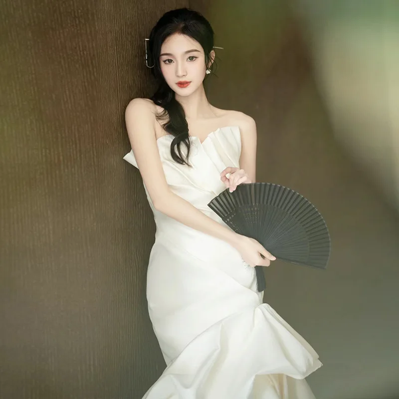 فستان زفاف خفيف من الساتان الفرنسي 2025New زفاف العروس بدون حمالات حورية البحر خروج الحجاب الراقية حجاب استقبال بسيط