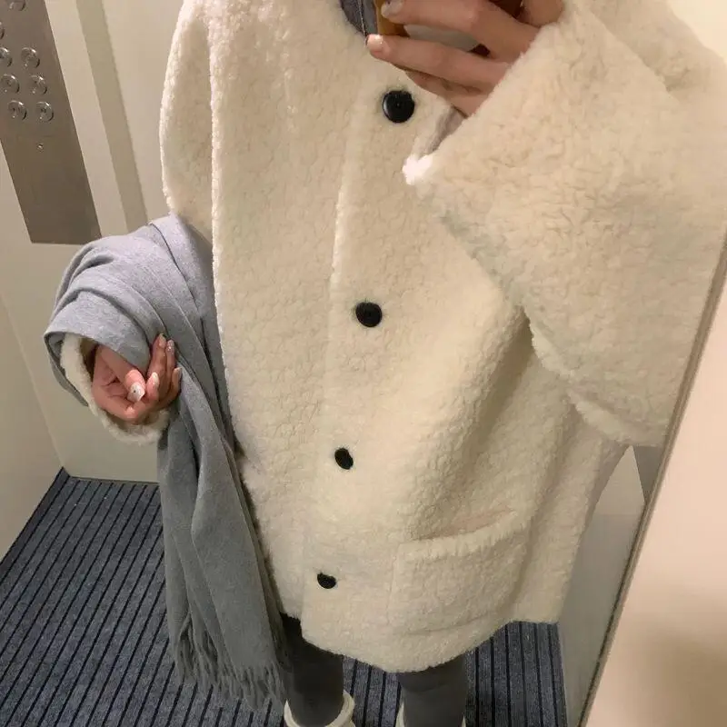 Mulheres estudante inverno solto casaco de lã quente casual moda jaqueta outerwear aconchegante oversized manga longa bonito coreano topos