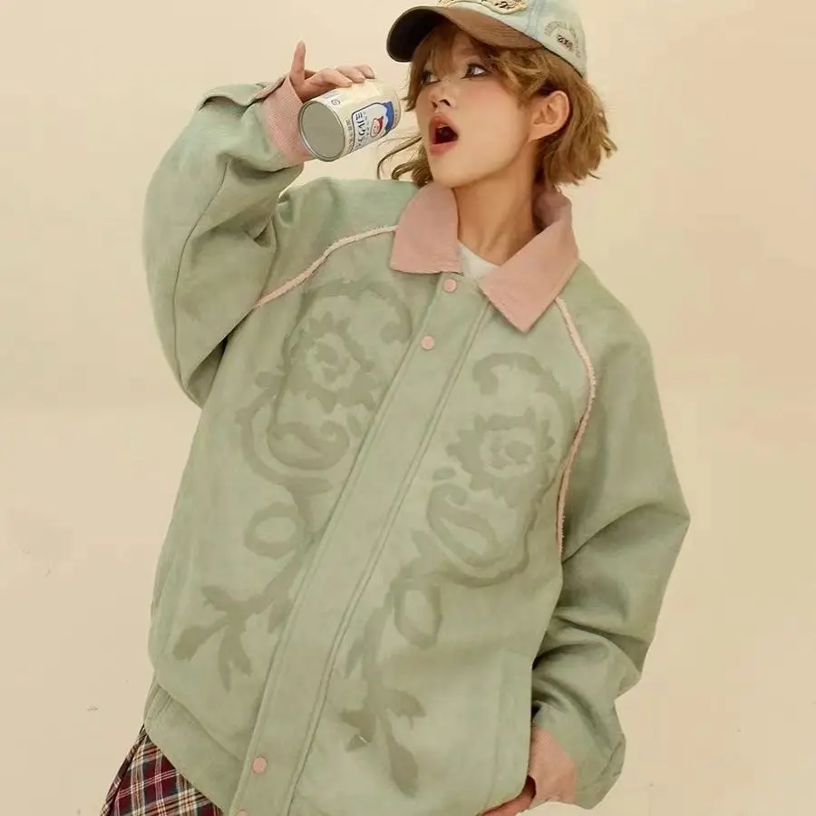 스웨이드 컬러 블록 재킷 여성 2025 봄 신상 루즈핏 BF 아메리칸 스트릿웨어 유니섹스 코트