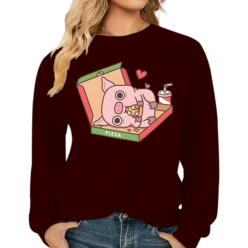 

Cute Pig Eating Pizza Print Sweatshirt Women Cartoon Casual Loose Hoody Fashion Long Sleeve Pullover Autumn Animal Female Hoodie