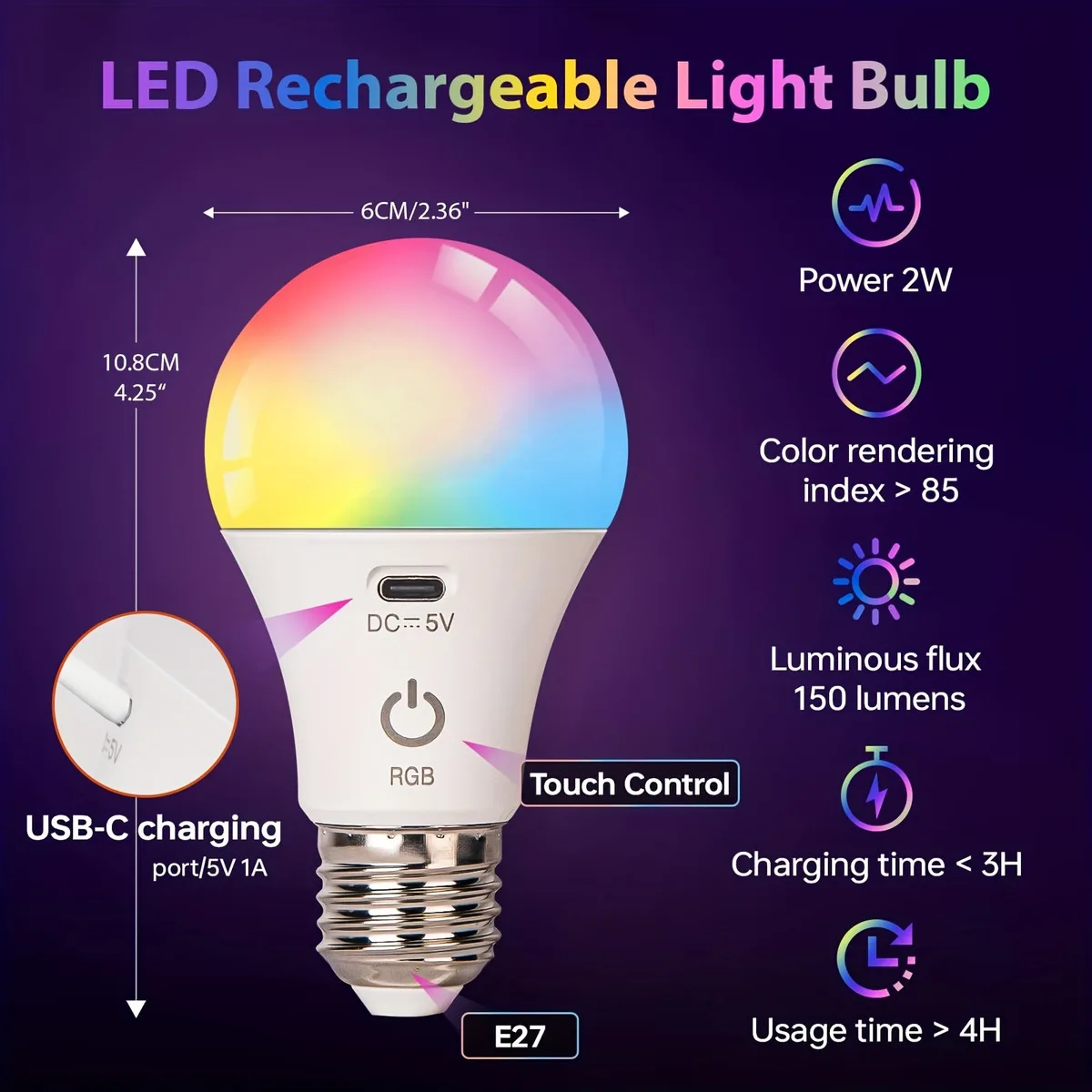 11 Color Rechargeable Light LED Bulbs -E26 Dimmable Lightbulb for Lamps | Touch Control | Timer-Camping Emergency Light