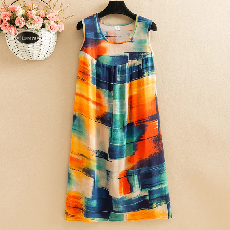 New 2023 Women Summer Print Flowers Nightdress Casual O-neck Sleeveless FashionVintage Dresses