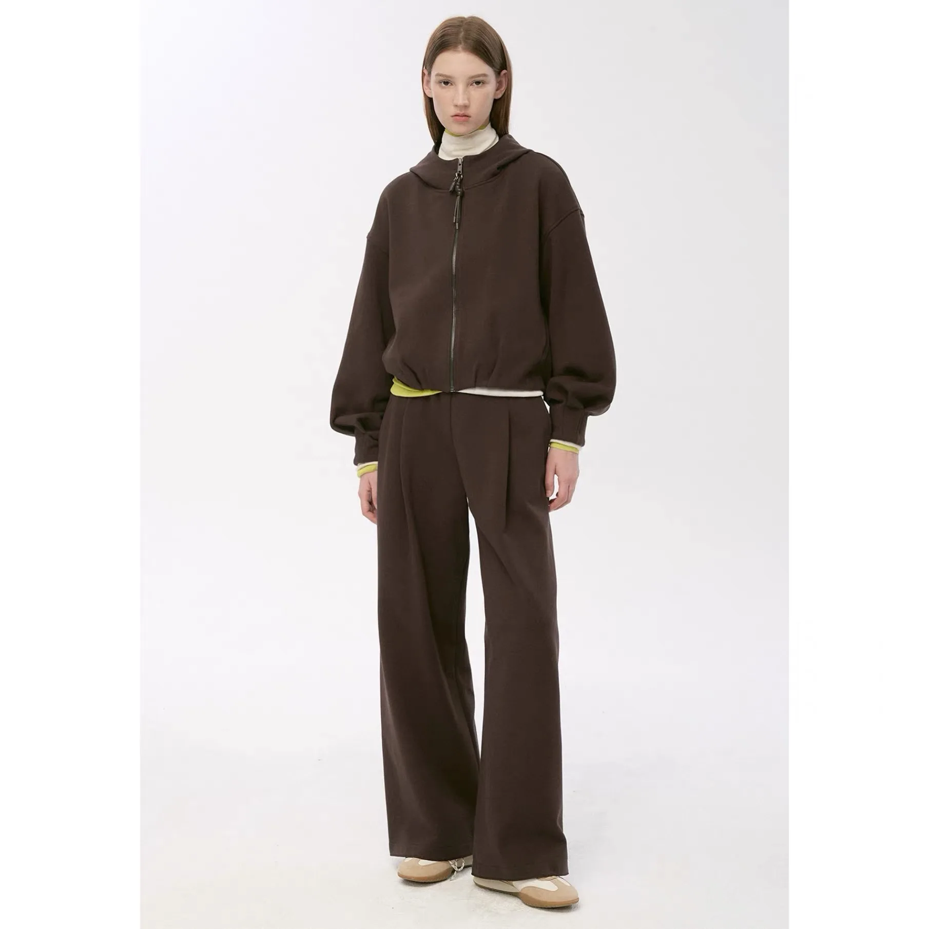 

Костюм женский Tim26: весенний повседневный комплект из худи на молнии и брюк-палаццо, цвет лимонный чиз, фасон «русалка», модный двухсоставный комплект