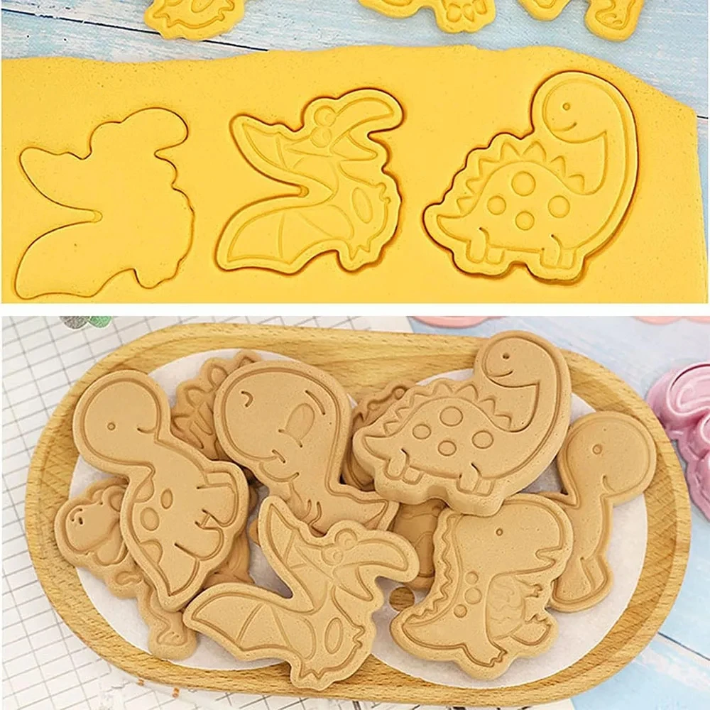 Cookies Cutter 8 Pieces Dinosaur Dough Stamp Plastic 3D Cartoon Pressable Biscuit Mold Confectionery Baking Pastry Bakeware