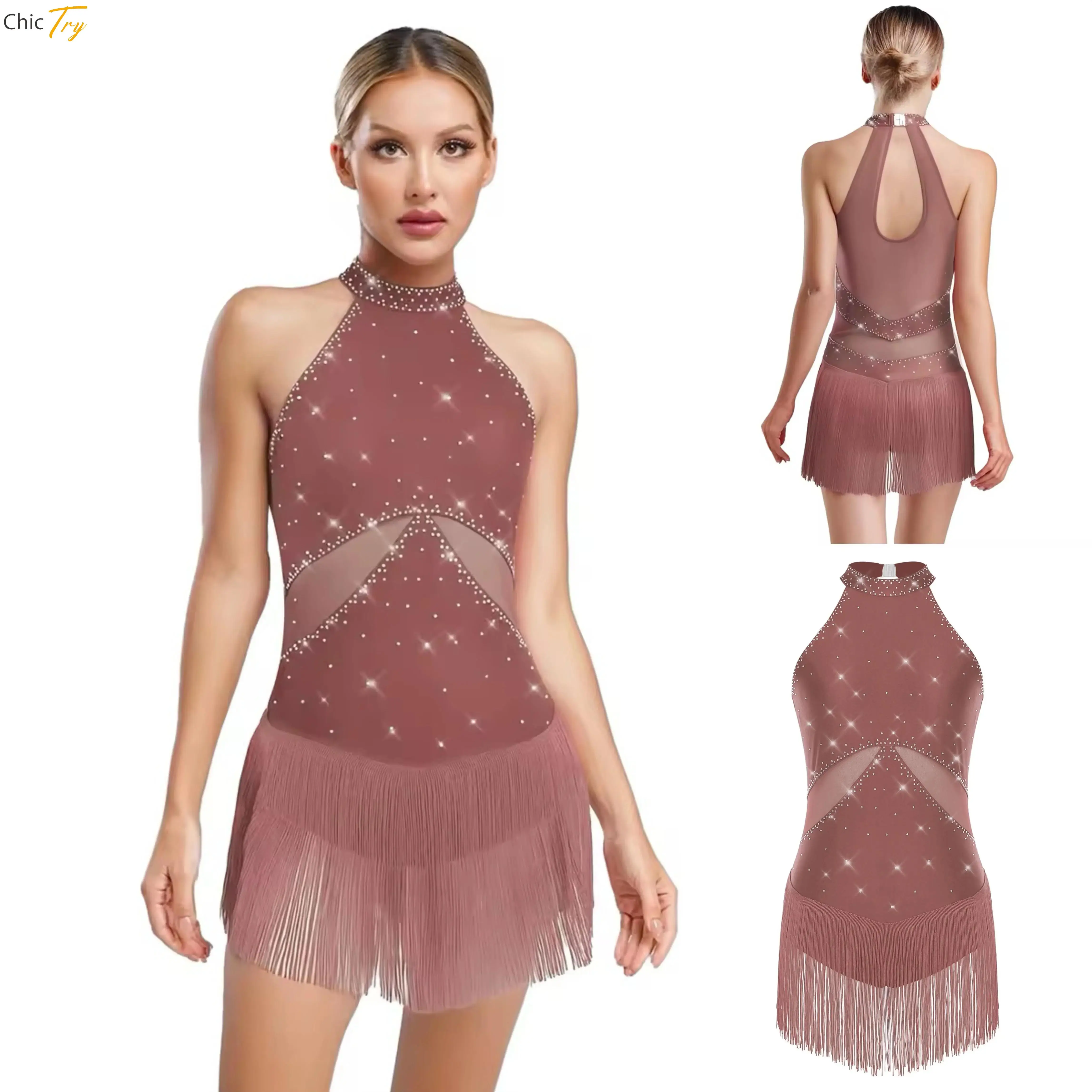 Body da ballo latino con nappa con strass per donna Pattinaggio di figura Cha-cha Samba Rumba Tango Costume Body senza maniche per adulti