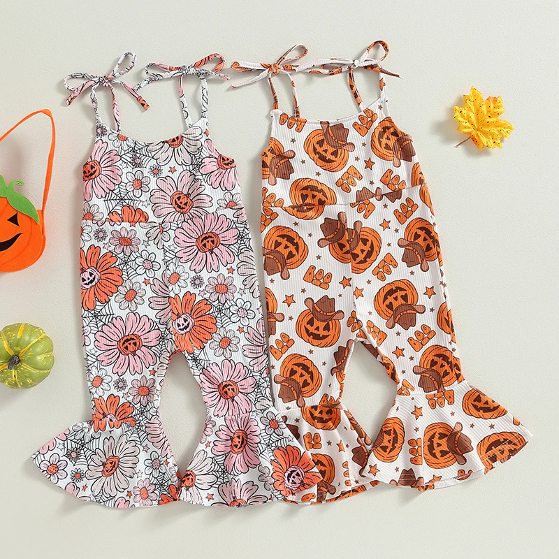 2023-07-02 Lioraitiin 0-5Years Toddler Baby Girl Halloween Jumpsuit Flower/Pumpkin Printed Sleeveless Tie-up Bell-Bottoms Romper