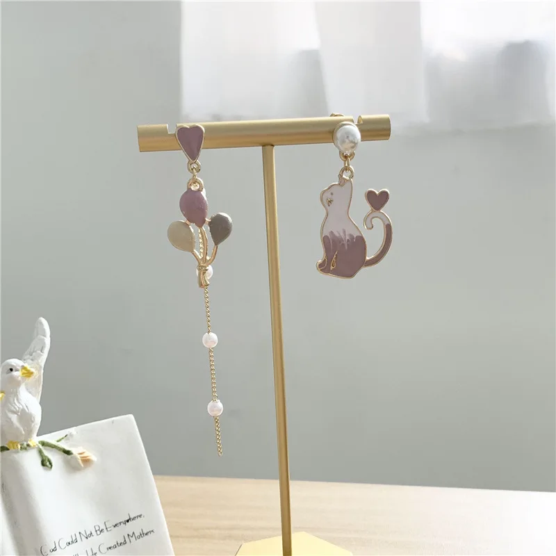 Pendientes asimétricos con forma de globo de gato para mujer, aretes colgantes de dibujos animados, regalo de joyería para fiesta