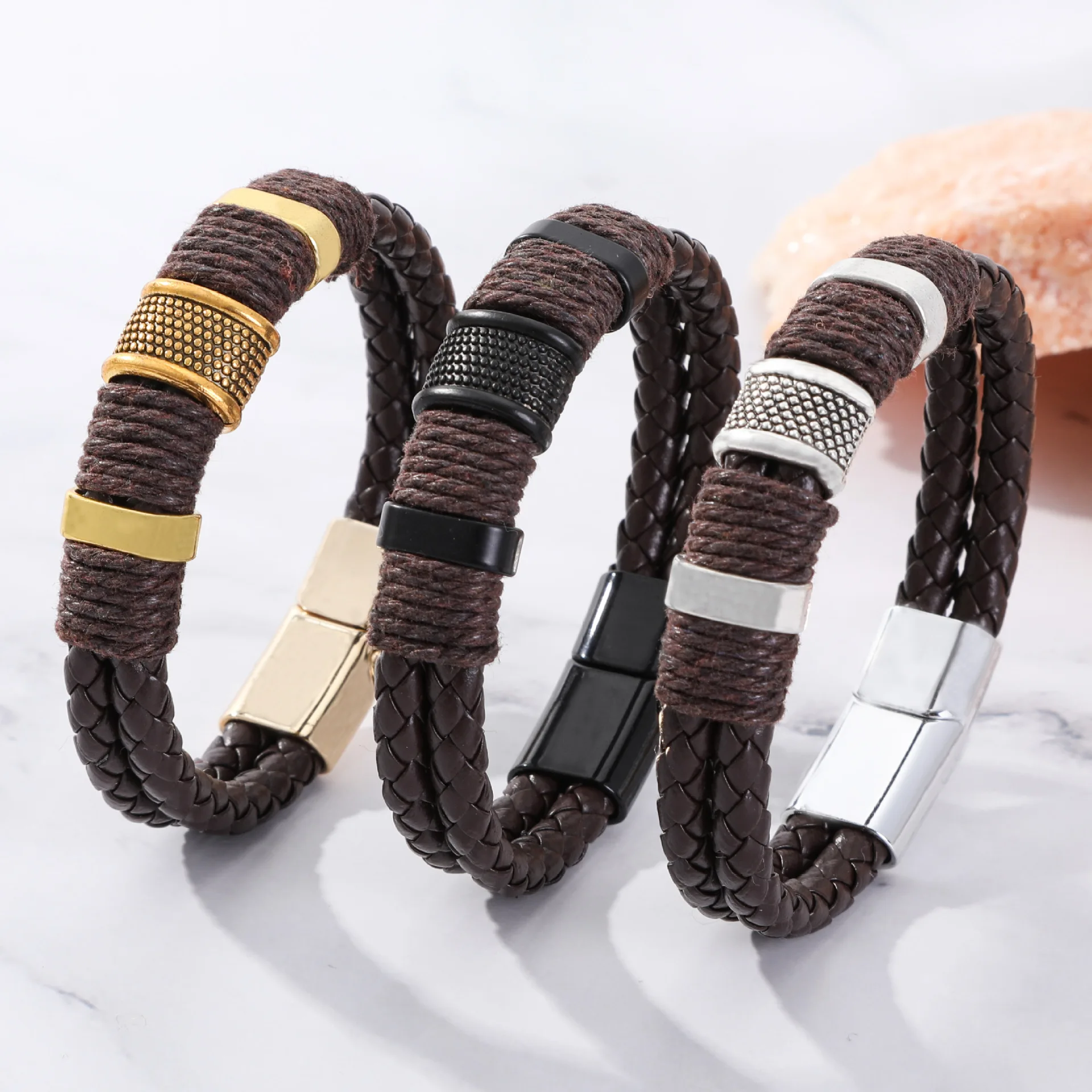 Cross-border European and American trendyy double-layer retro alloy cowhide braided bracelet men's punk leather magnet buckle...