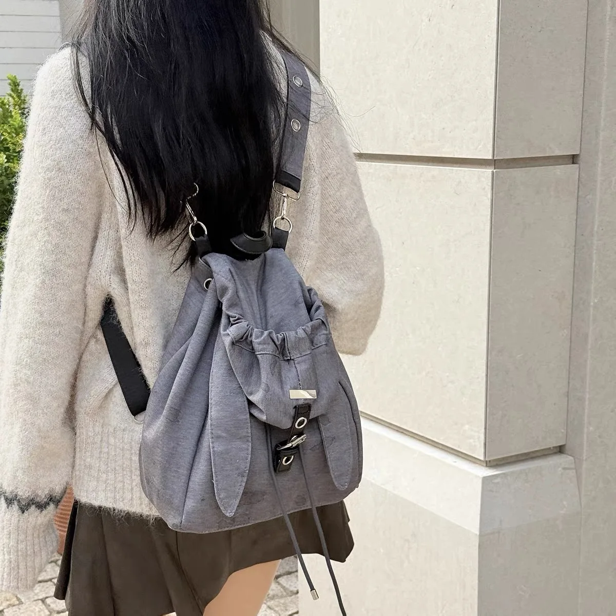 Retro Cute Rabbit Ear Backpack 2026 Niche Design Drawstring Large Capacity Diagonal Cross backpacks Mochila mujer Женский рюкзак