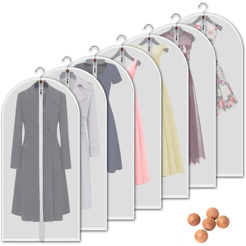 

60 Inch Translucent 7-Piece Hanging Garment Bags - Breathable Zippered Dust Covers for Suits, Dresses, and Costumes