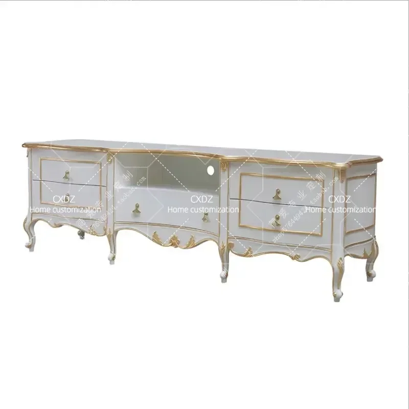 European Light Luxury Solid Wood Gold Painted TV Cabinet French Engraved Audio Visual Cabinet Villa Living Room Practical