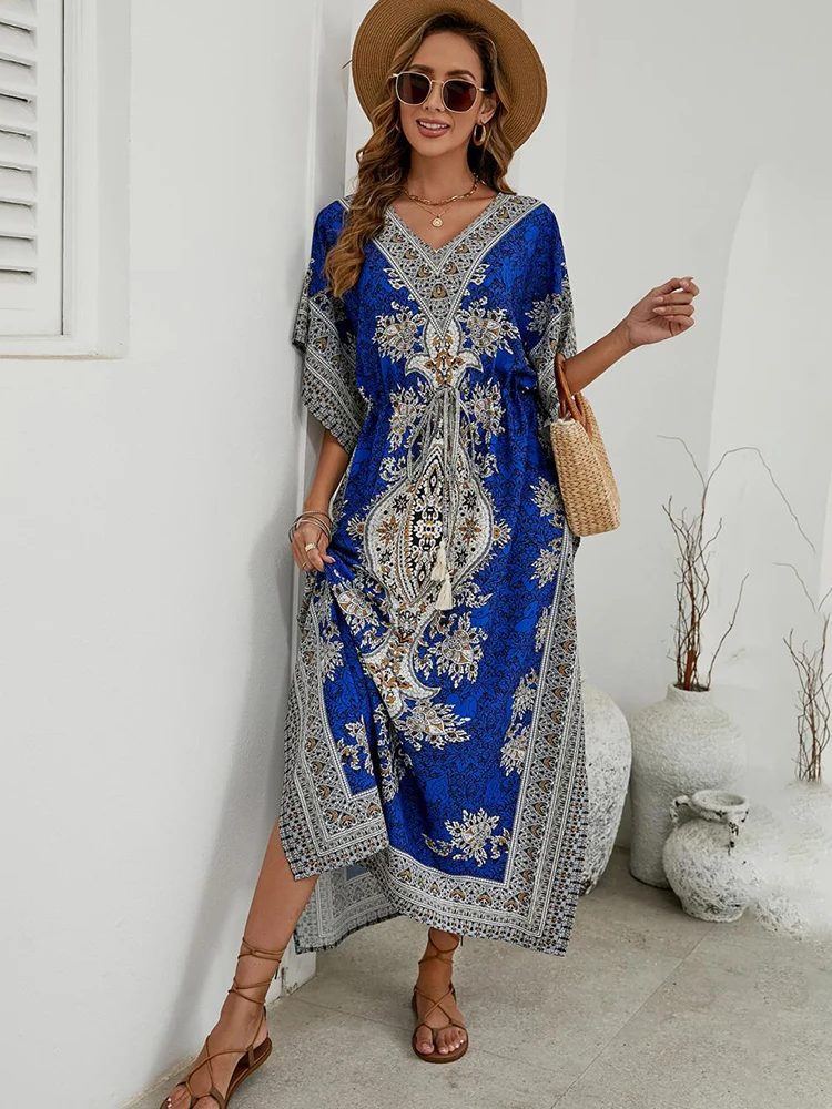 Bohemian V-neck Short Sleeve Beach Smock Dress Women 2024 Summer Loose Casual Sunscreen Print Boho Long Dresses For Women