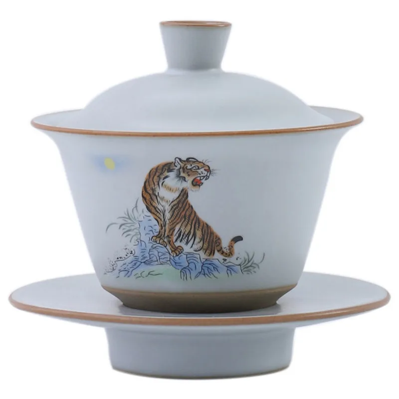 Ruyao Sancai Gaiwan Classic Garden Tea Bowl with Lid, Large Ceramic Retro Tureen