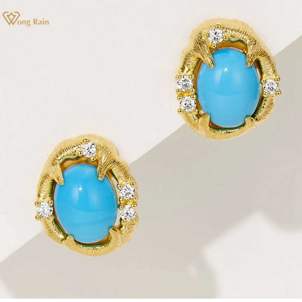 

Wong Rain Vintage Solid 925 Sterling Silver Turquoise Tiger's Eye High Carbon Diamond Gemstone Ear Studs Earrings Fine Jewelry