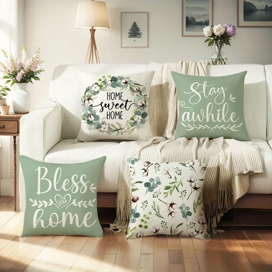 Boho Farmhouse Floral Nursery Decor Throw Pillow Covers Set of 4 Sweet Home Stay Awhile Rustic Botanical Prints