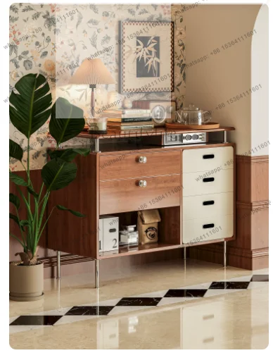 yj7 Solid wood medieval style dining side cabinet simple design tea storage cabinet against the wall