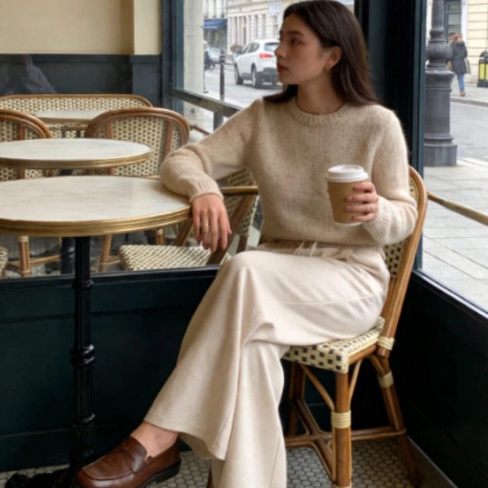 Plus Size Women's Korean Style White Sticky Rice Wide Leg Pants Autumn Retro High Waist Drape Slim Casual Straight Knit Pants