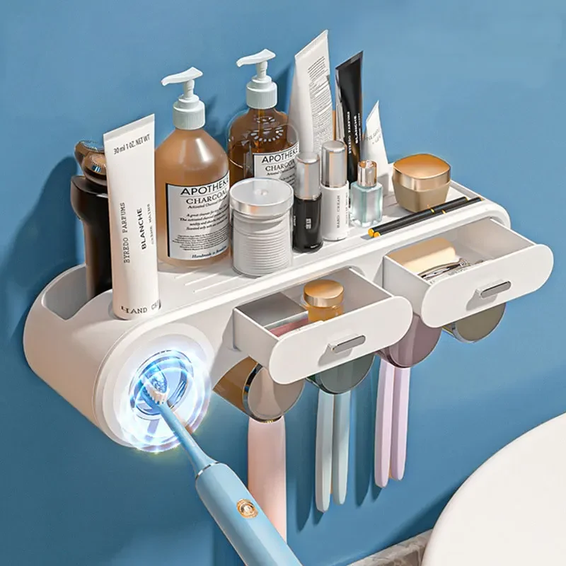 Toothbrush Holder Shelf for Restroom Automatic Toothpaste Squeezer Dispenser Home Punch-free Holder Bathroom Accessories Set