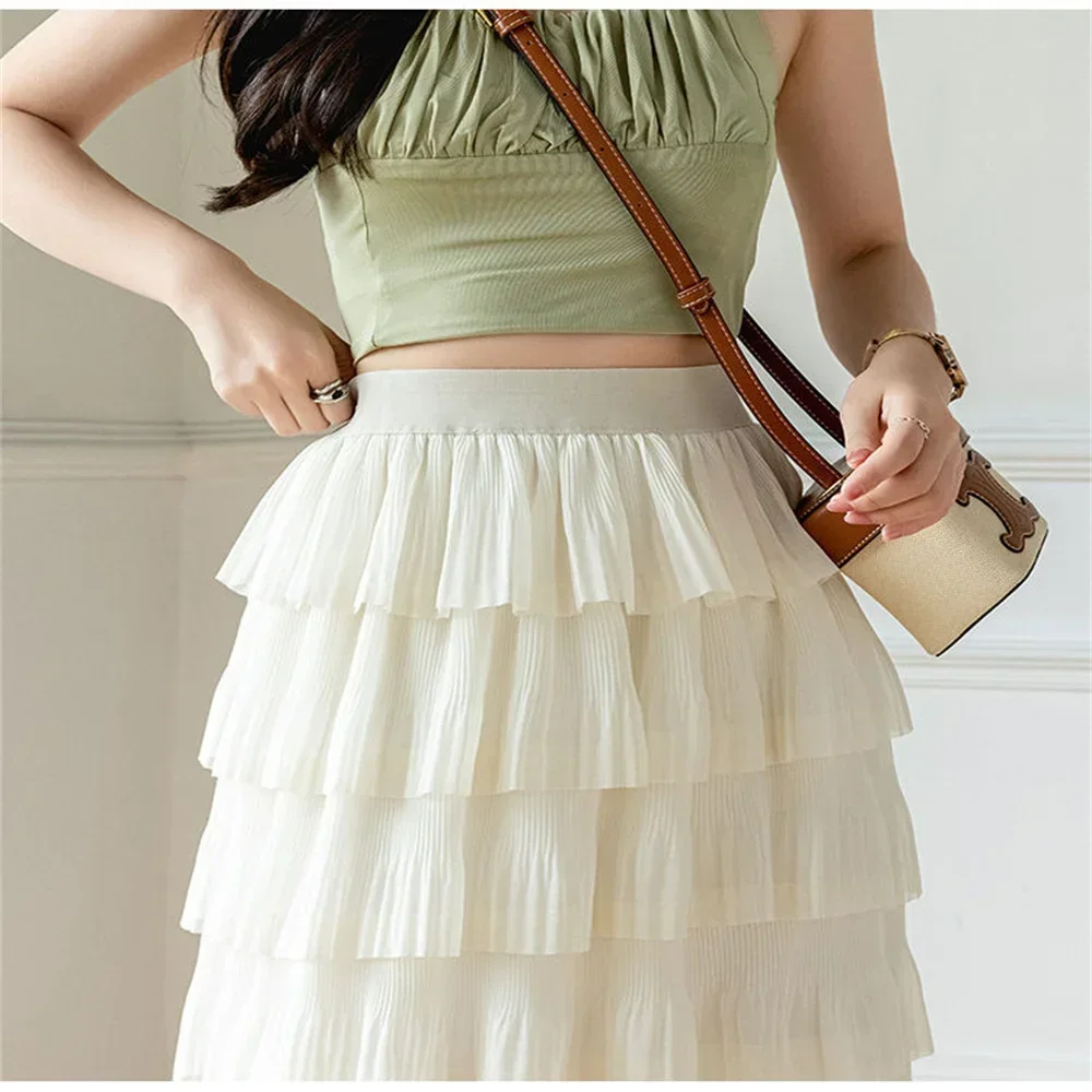 Women's Slimming Midi-length Skirt Elastic High Waist Chiffon Patchwork Layered Cake Skirt A-line Mini Skirt Oversized Skirts