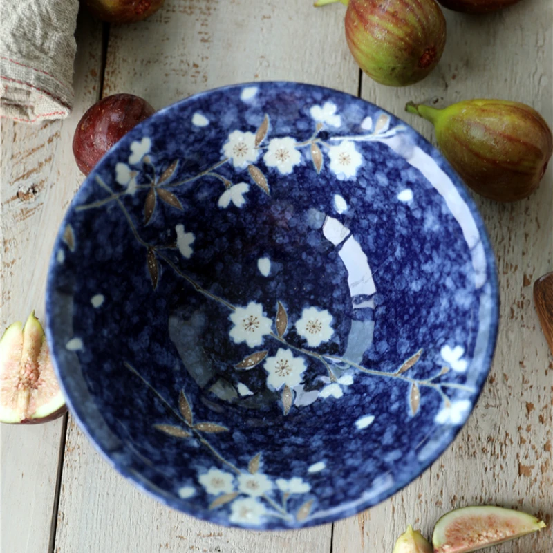 Ceramic Tableware Blue Cherry Blossom Hat Bowl Soup Bowl Japanese Style and Breeze Lamian Noodles Bowl Underglaze Color