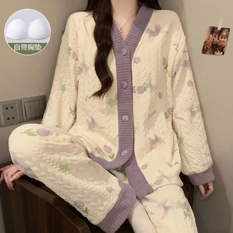 

Новый хит продаж: Комплект пижам из воздушного хлопка для женщин – домашняя и уличная одежда, осенне-зимний, новый утепленный кардиган с подкладкой на груди