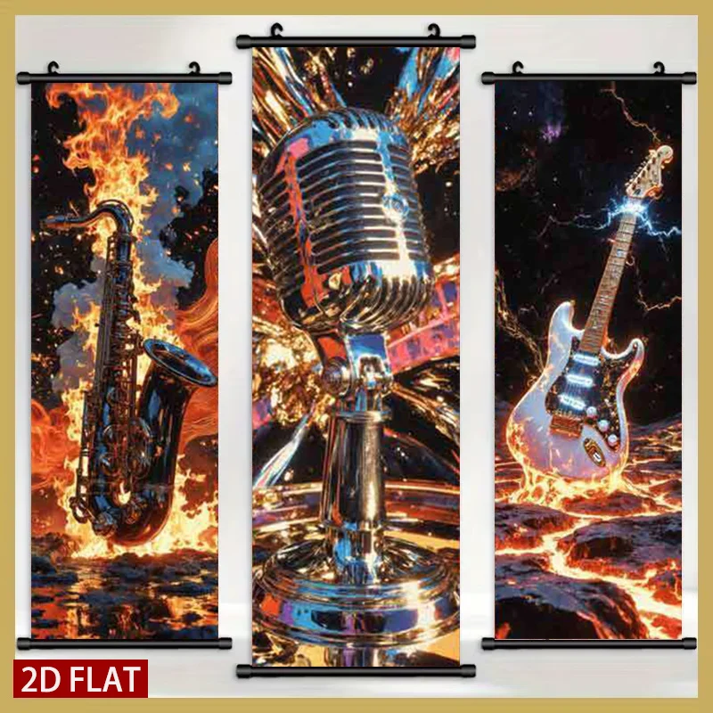 

Набор из 3-х плоских 2D-постеров: Пламенный саксофон, Ретро-микрофон, Гитара с молниями. Пластиковые настенные панно с высококачественной печатью.
