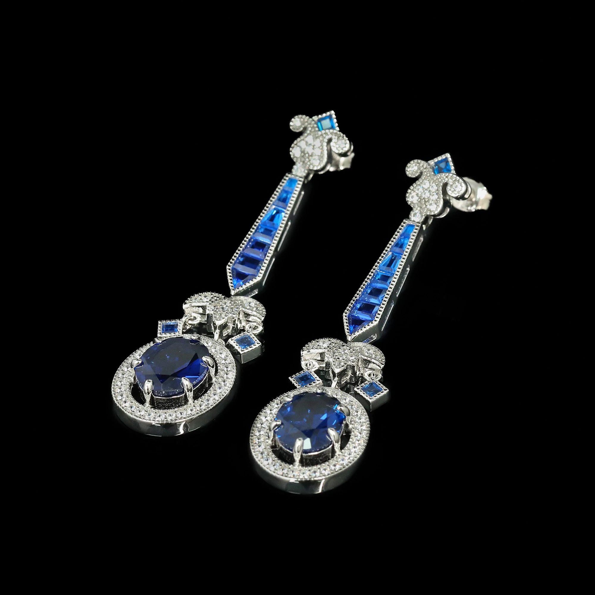 Vintage Art Deco Royal Lab Grown Spinel Drop Earrings 925 Sterling Silver Luxury Fine Jewelry for Women's Valentines Party Gifts